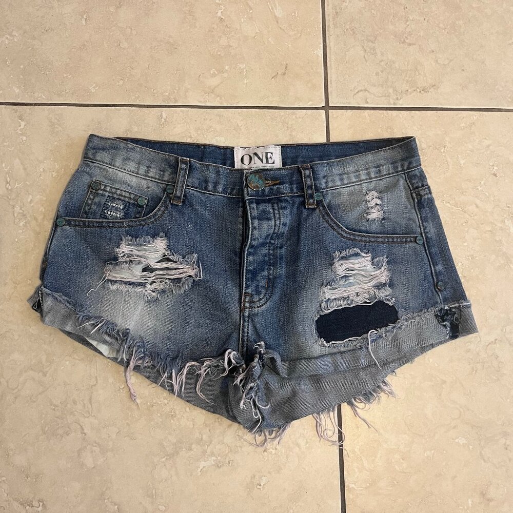One x One teaspoon blue patched shorts.